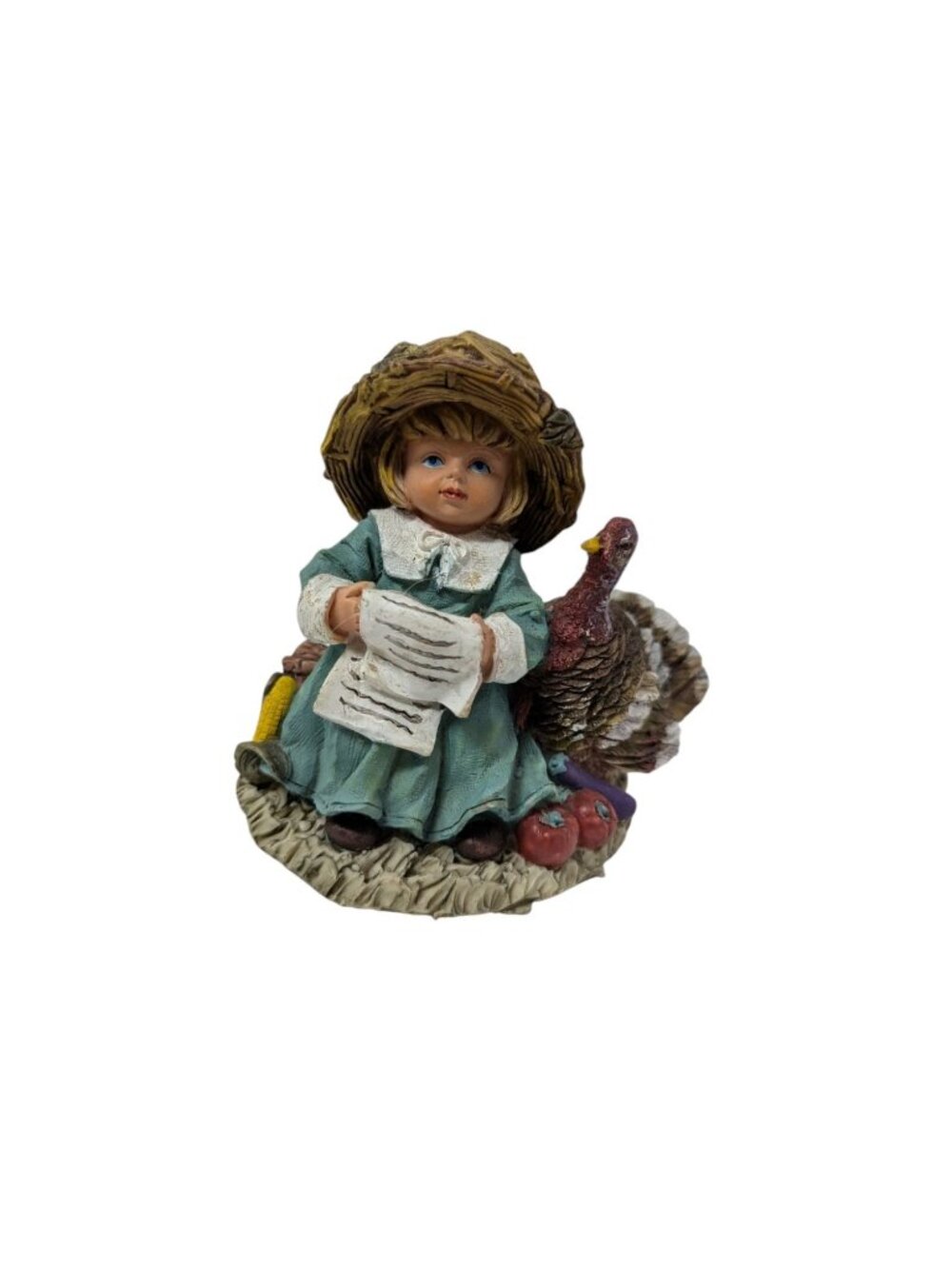 Vintage Fall Thanksgiving Blue Dress Pilgrim Girl with Turkey Harvest Figurine